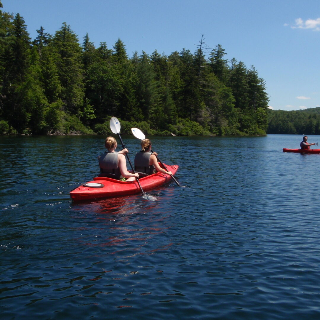View of kayaks on lake